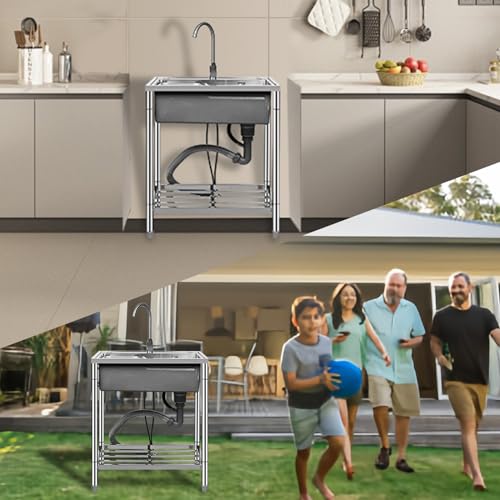 Stainless Steel Freestanding Sink,Freestanding Camping Single Bowl Sinks,Outdoor Utility Sinks,with Cold and Hot Water Pipe Faucet,for Outdoor Indoor,Garage Laundry Utility Room.