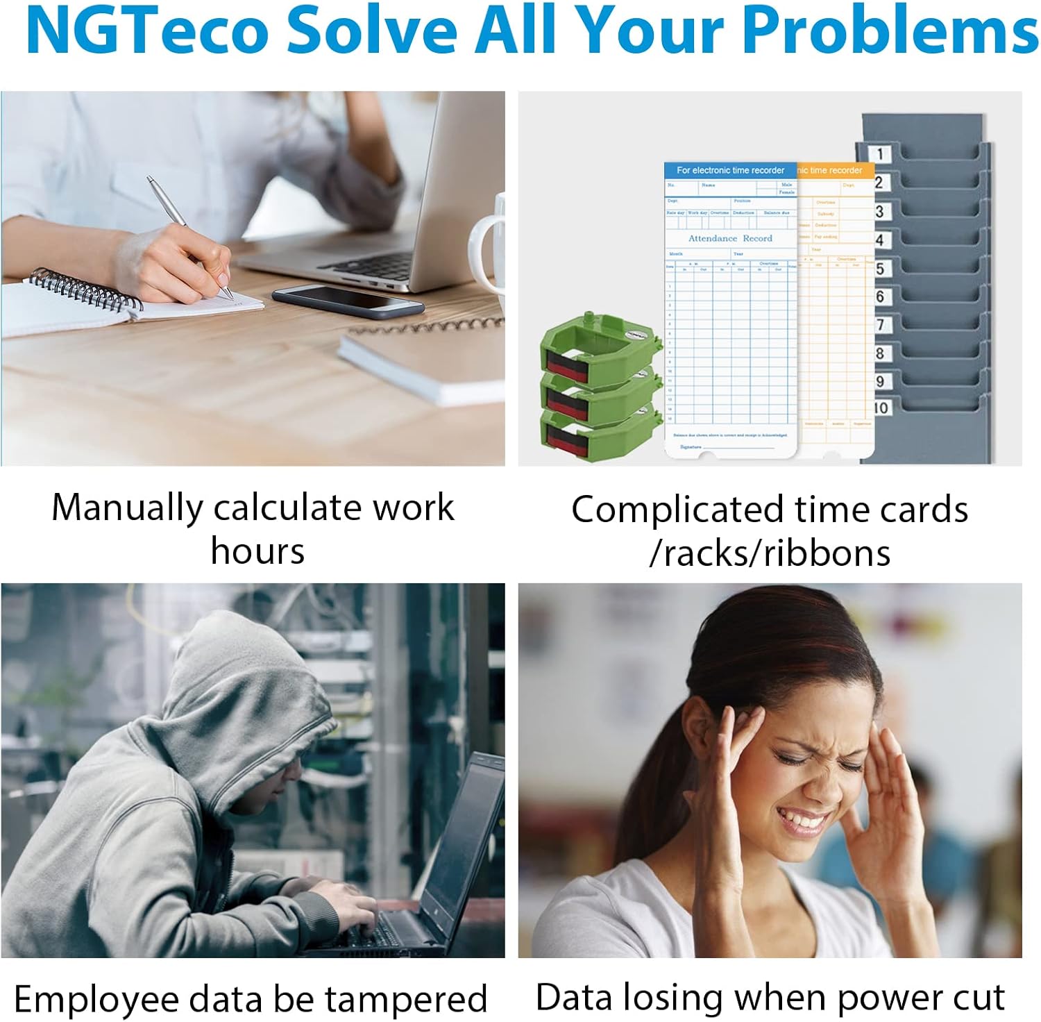 Time Clocks for Employees Small Business, NGTeco W3 WiFi Biometric Fingerprint Time Card Machine, Office Punch Clock Automatic in and Out with APP for iOS Android (0 Monthly Fees)