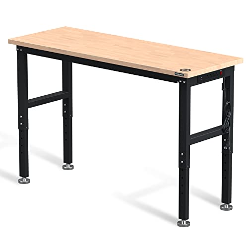 WORKPRO 60" Adjustable Workbench, Rubber Wood Top Heavy-Duty Workstation, 2000 LBS Load Capacity Hardwood Worktable with Power Outlets, for Workshop, Garage, Office, Home, Pack of 2
