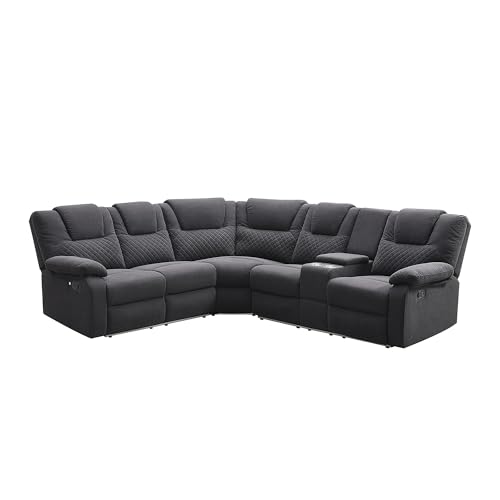 94'' L-Shaped Couch Sectional Sofa Couch, Manual Power Reclining Sectional Couch with LED Light and Storage Box, Velvet Triple Reclining Sofa with Two Cup Holders, Couches for for Living Room