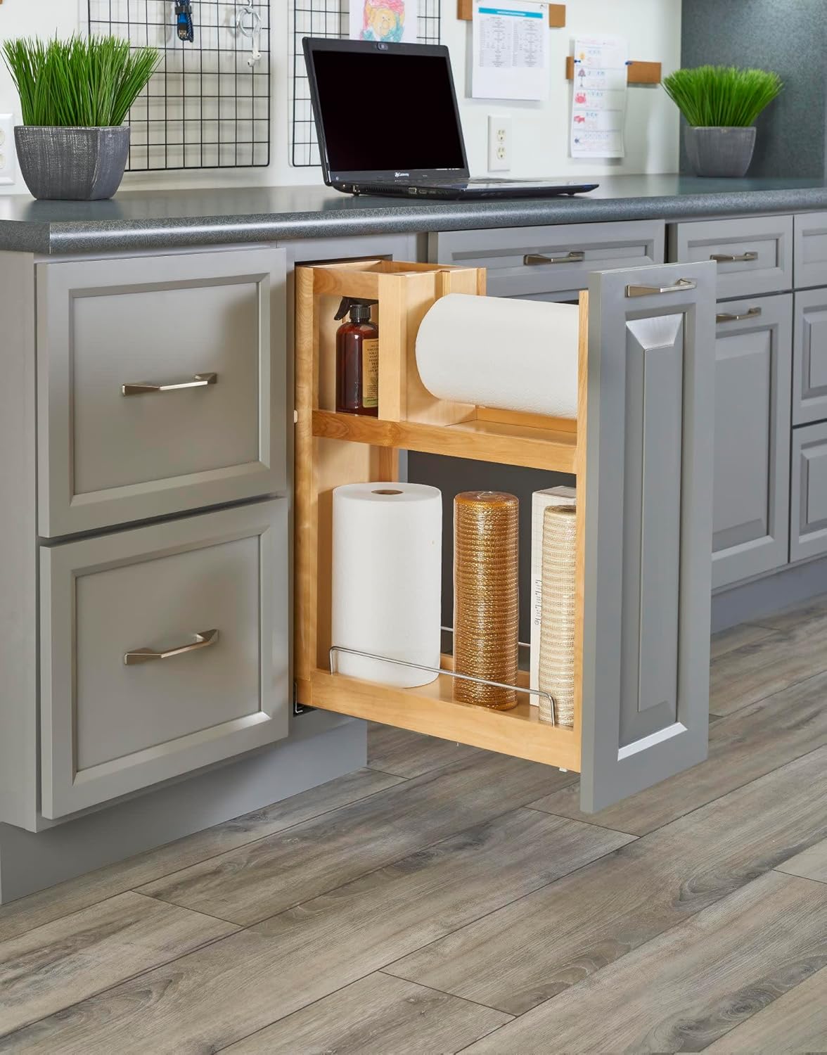 Rev-A-Shelf Wood Base Cabinet Paper Towel Pull Out Organizer w/Soft Close, Light Brown