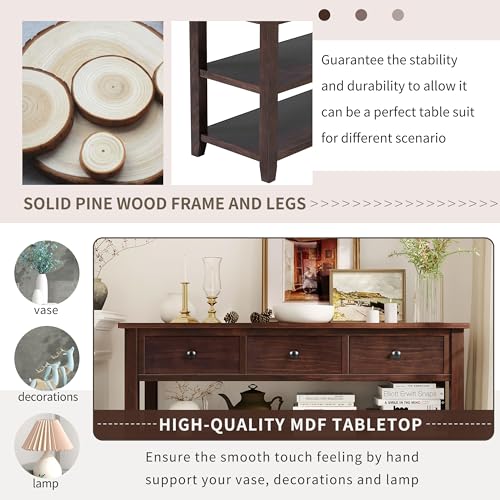 LUMISOL Retro Design Entryway Table with Storage Drawers and Shelves, Console Table with Pine Solid Wood Frame and Legs for Living Room, Espresso