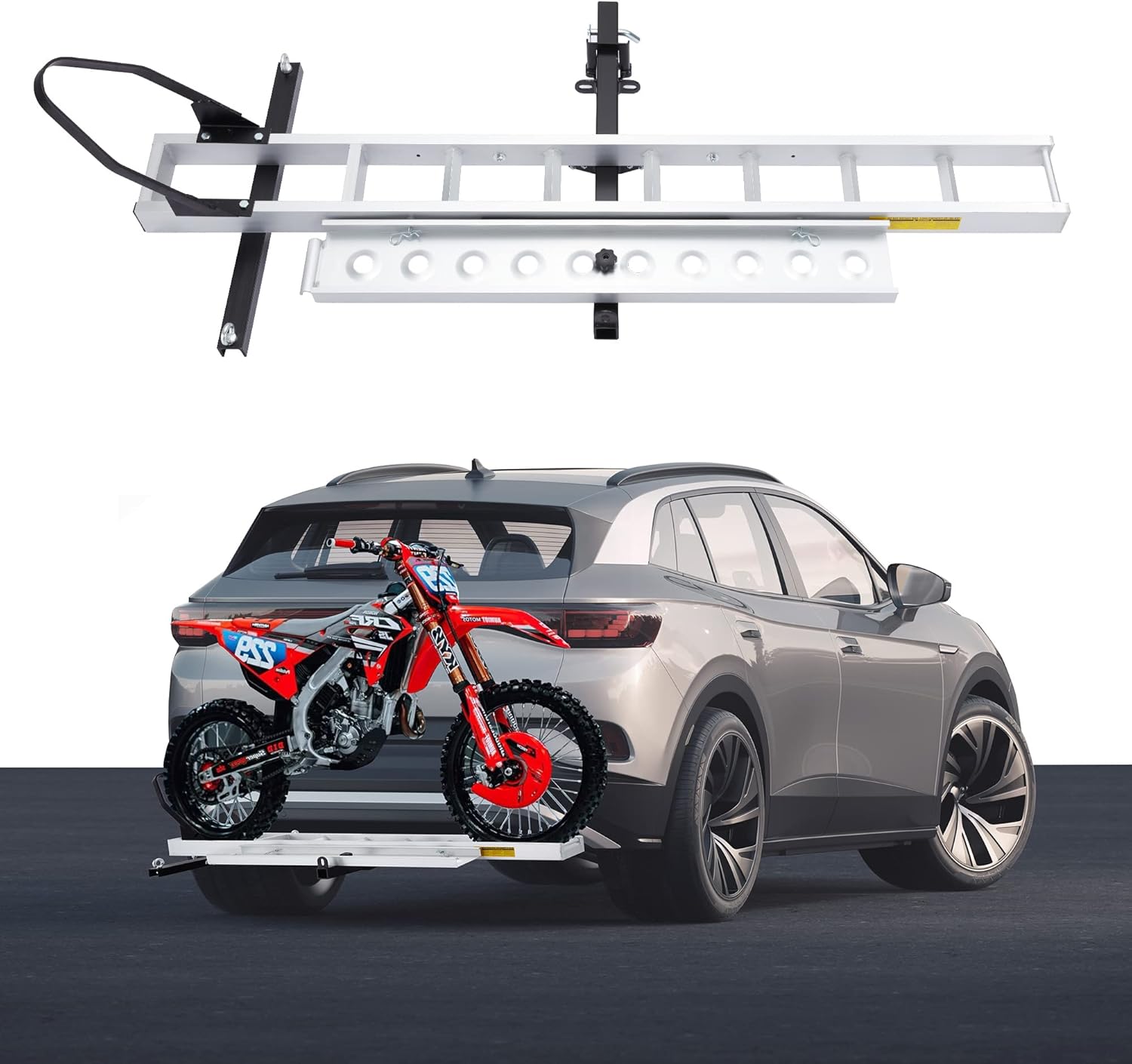400LBS Aluminum Motorcycle Carrier, Heavy Duty Hitch-Mounted Dirt Bike Rack, Anti-Tilt Locking Device, Motorcycle Trailer Hitch Carrier with Loading Ramp