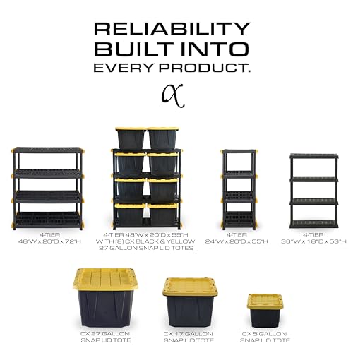 CX Black & Yellow®, 5-Tier Heavy Duty Plastic Storage Shelving Unit, 200lbs/shelf (72”H x 48”W x 20”D), for Indoor/Outdoor Organization, Modular Rack