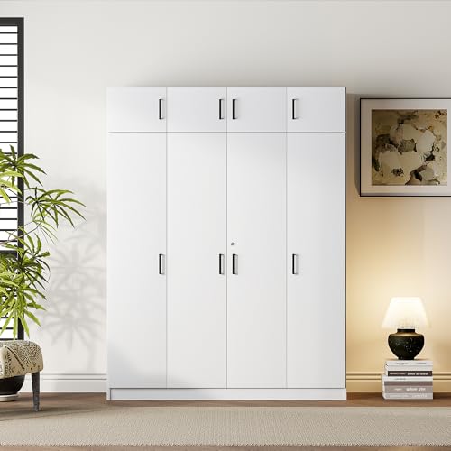 Modern Storage Wardrobe with Hanging Rods and 2 Drawers, Wood Clothes Storage Cabinet Organizer with Sliding Door and Open Shelves, Freestanding Wardrobe Cabinet for Small Spaces, Guest Room