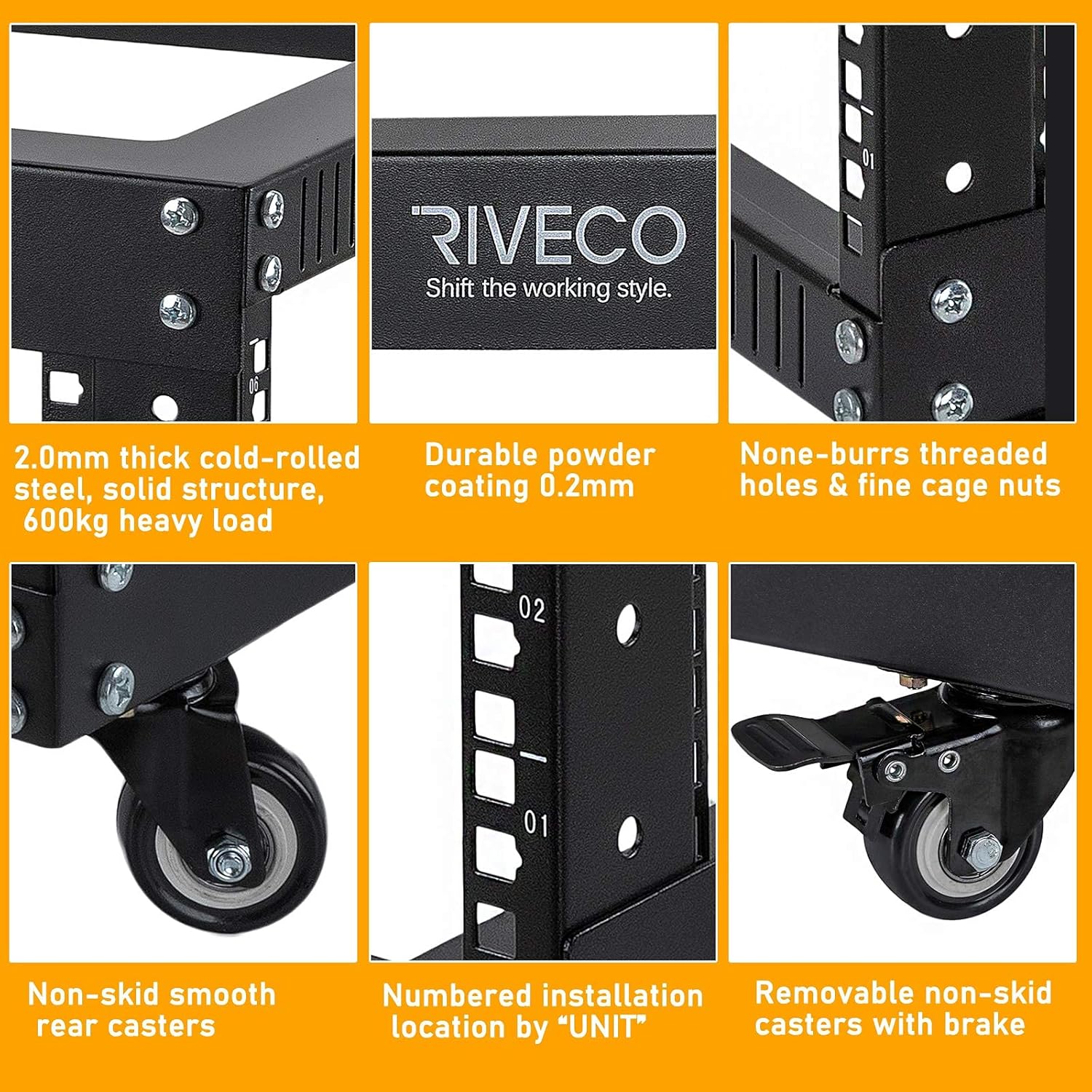 RIVECO 9U Open Frame Server Rack with Casters- Heavy Duty 4 Post Quick Assembly 19-inch, Stereo Rack Network Cabinet Black