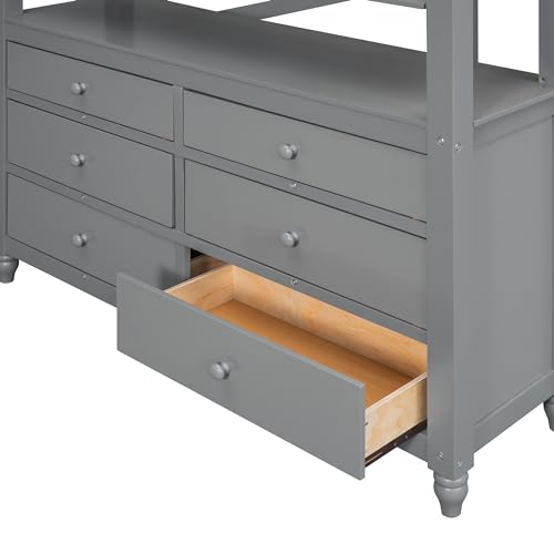 Gray Twin Loft Bed with Storage Cabinet and Desk, Wooden Loft Beds Frame with Bookcase and Shelves, Modern Twin size Loft Bunk Bed for Kids Teens Adults Boys & Girls (Twin, Gray)