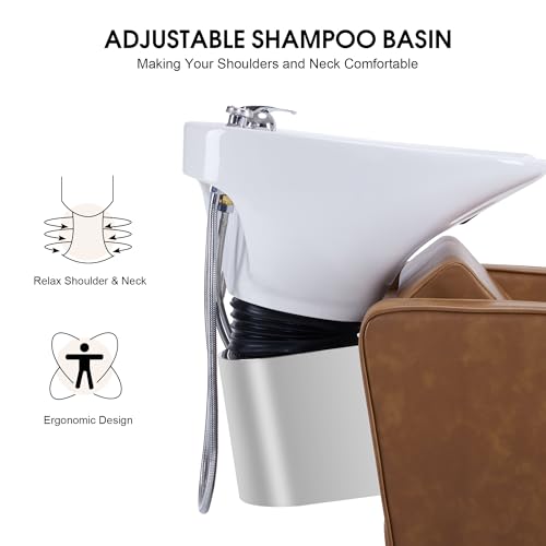 BarberPub Backwash Shampoo Station Chair, Adjustable Porcelain Ceramic Hair Wash Bowl Sink Unit Station, Reclining Shampoo Station Chair for Spa Beauty Salon Hair Salon Equipment 9303 (Beige)