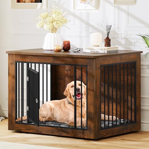 YITAHOME Dog Crate Furniture for Large Dogs, Side End Table, Modern Dogs Kennel Indoor up to 60 lb, 2-in-1 Iron-Wood Fusion Dog Cage with Waterproof Top, Safety Corners, Steel Lock,38"L, Rustic Brown