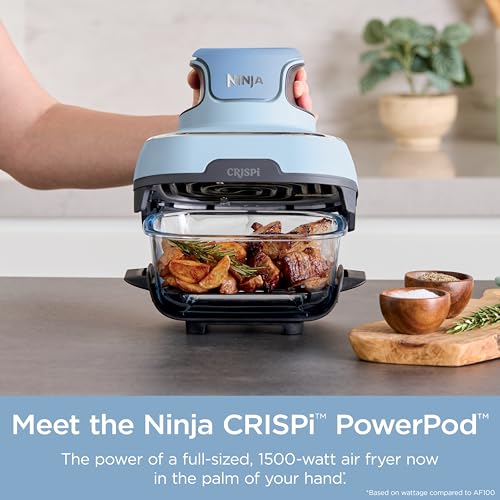 Ninja Crispi Air Fryer, Microwave, Freezer & Dishwasher Safe, Non Toxic Glass Portable Cooking System, 4 QT & 6 Cup Glass Containers with Storage Lids, Easy Meals, Air Fry, Bake, Green, FN101SG