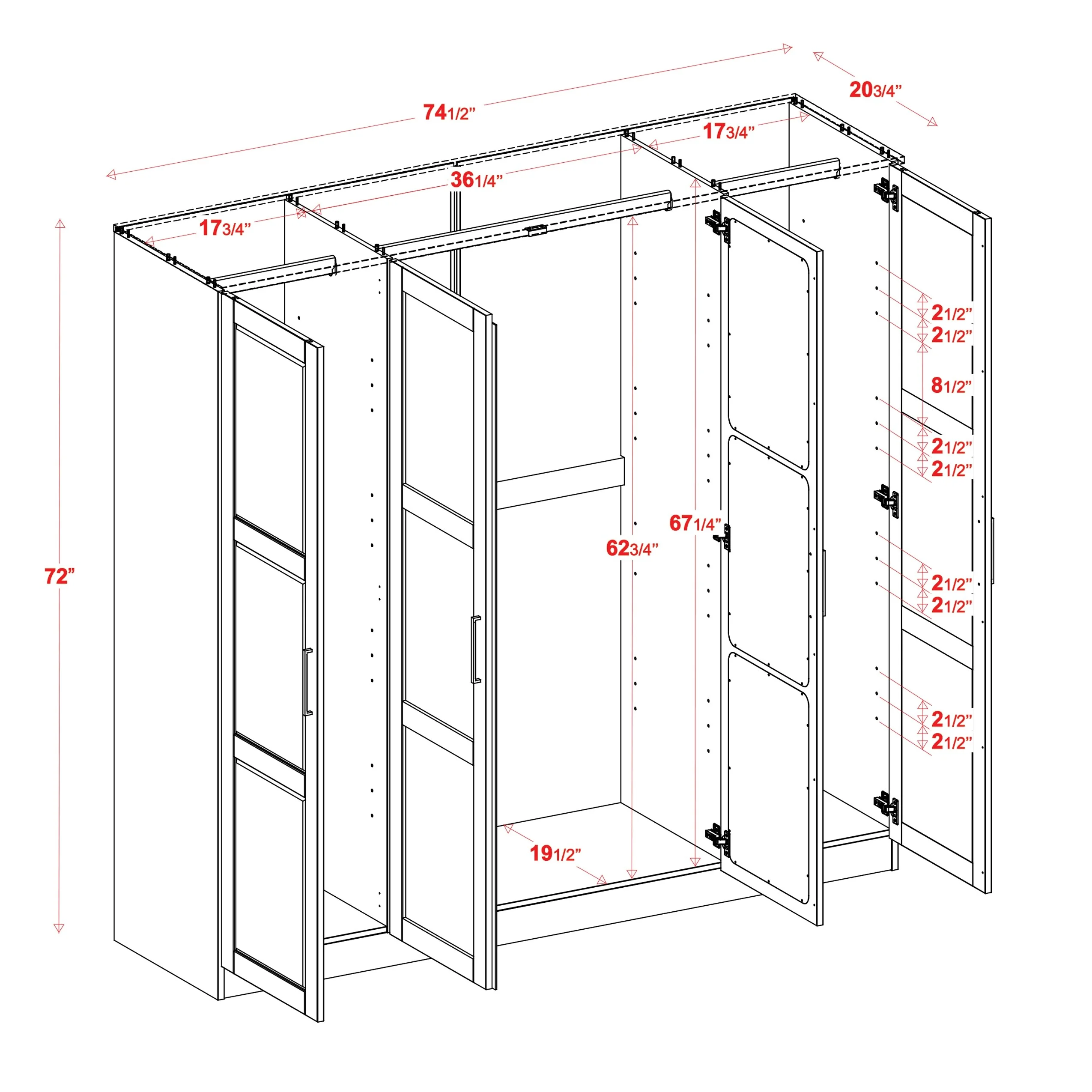 Palace Imports, Inc. 100% Solid Wood Cosmo 4-Door Wardrobe with Solid Wood or Mirrored Doors Black