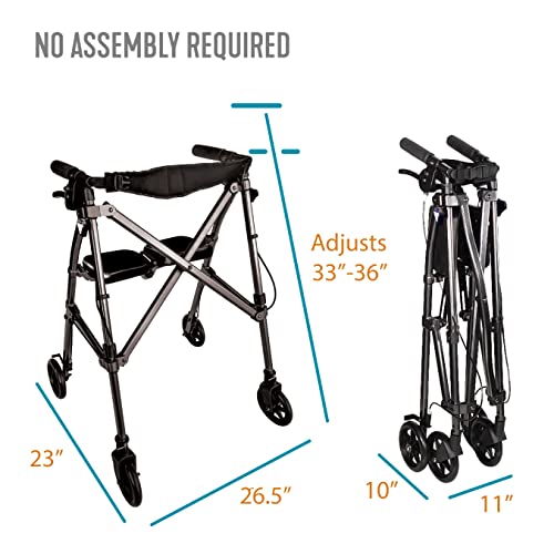 Stander Wonder Rollator Short, Lightweight Junior Folding Walker for Seniors and Adults, Travel Space Saver Rollator, Petite Walker with Wheels and Seat, Black Walnut