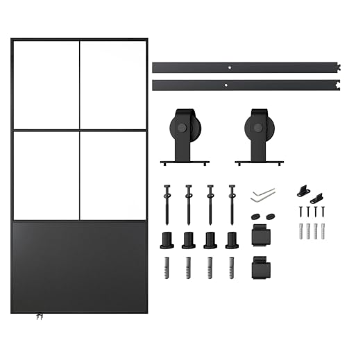 JUBEST 30" x 84" Glass Sliding Barn Door with Top Mounted Hardware Kit Included, 3-Panel Aluminum Frame and Frosted Tempered Glass French Door, Black Sliding Door, Easy to Install
