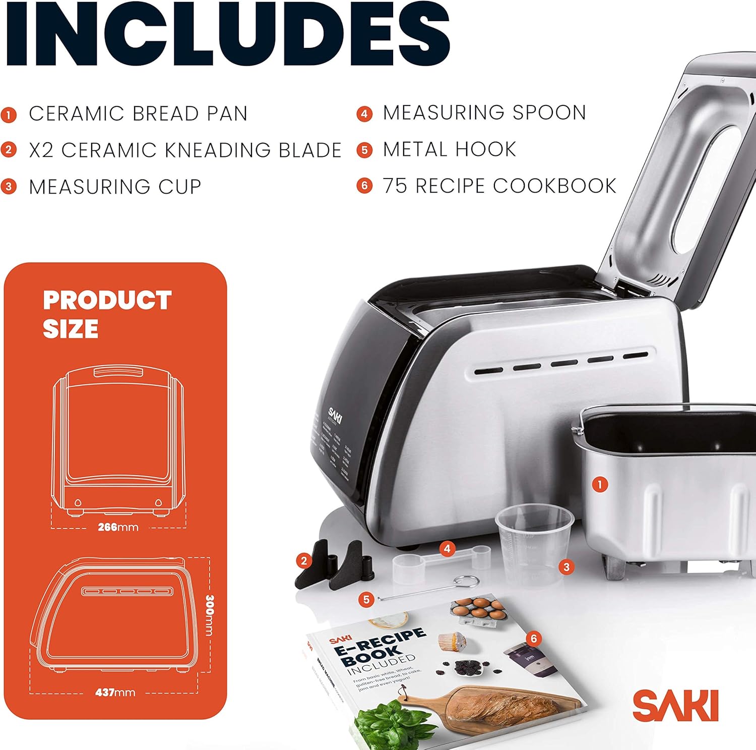 SAKI 3 LB Large Bread Maker Machine, 12-in-1 Programmable Large Bread Machine, with Nonstick Ceramic Bread Pan & Large Digital Touch Panel, 3 Loaf Sizes with 3 Crust Colors Options, Keep Warm Mode