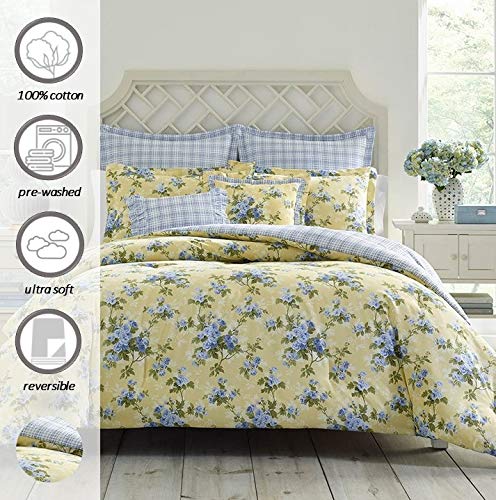 Laura Ashley Cassidy Yellow Comforter Set, King, Includes Bonus Euro Shams & Throw Pillows Lorelei Dark Blue King Sheets, Soft Sateen Cotton Bedding Set, 4 Pieces