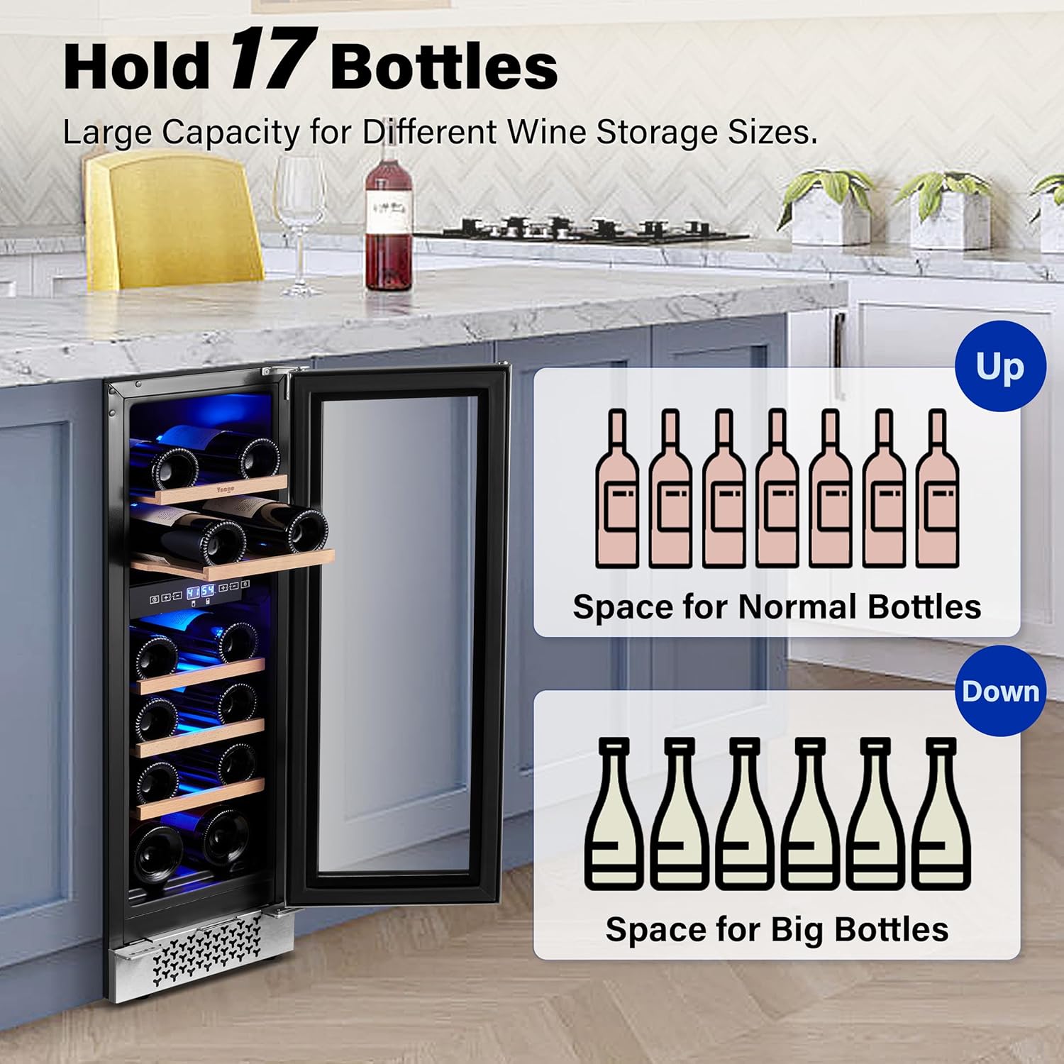 12 inch Wine Fridge, Freestanding Dual Zone Wine RefrigeratorHold 17 Bottles 40F-65F Digital Temperature Control,Upgrade Compressor Wine Cellar with Anti-UV Double Glazing for Kitchen,Home Bar