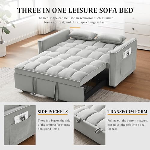 3 in 1 Convertible Sleeper Sofa Bed, Multi-Functional Velvet Sleeper Couch Pull-Out Bed, Loveseat Chaise Lounge with Adjustable Backrest, Two Seat Sofa for Living Room, Small Space, Gray