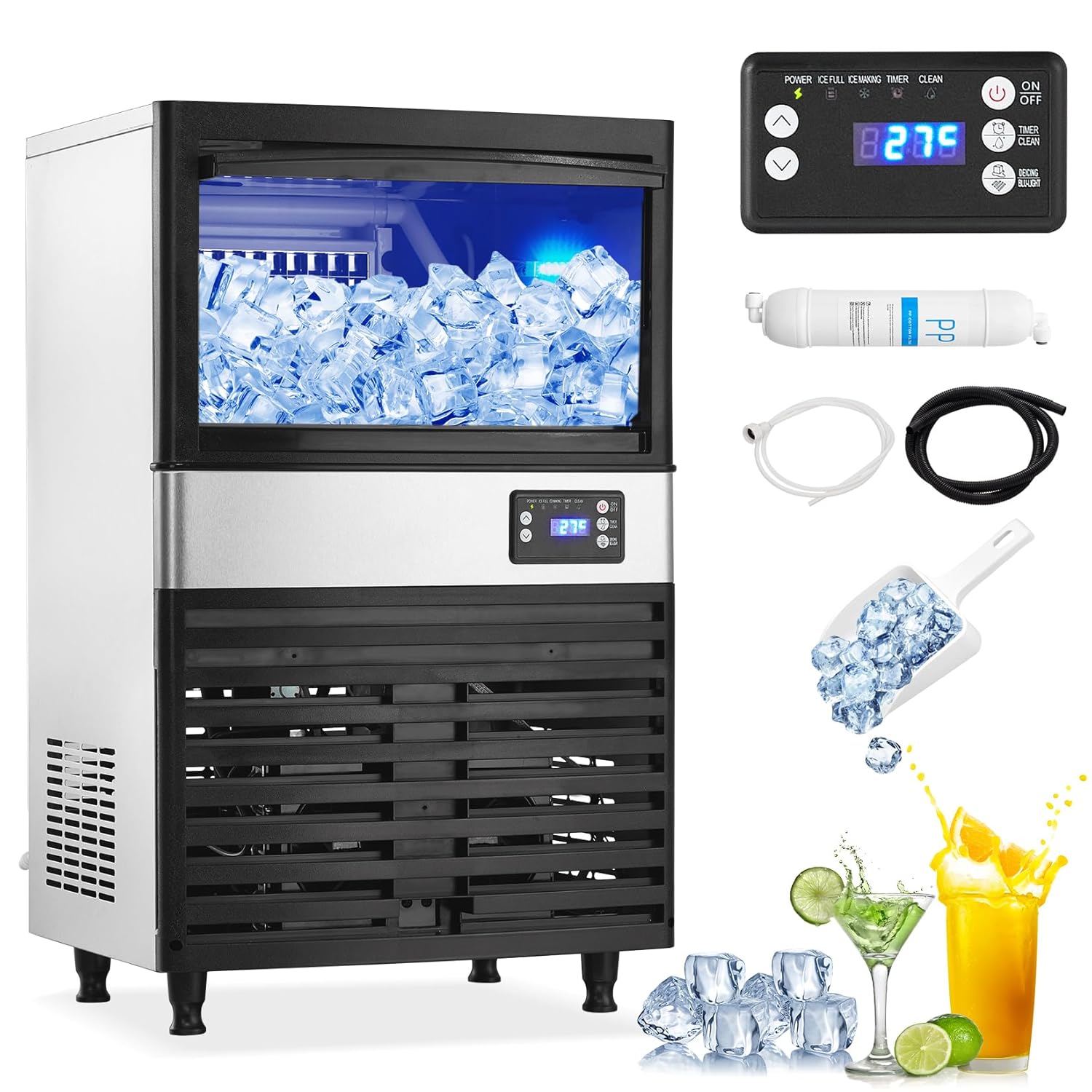 150lbs/24h Commercial Ice Maker with 27lbs Storage Bin, Stainless Steel Under Counter/Freestanding Industrial Ice Machines for Home Restaurant Bar Cafe Office