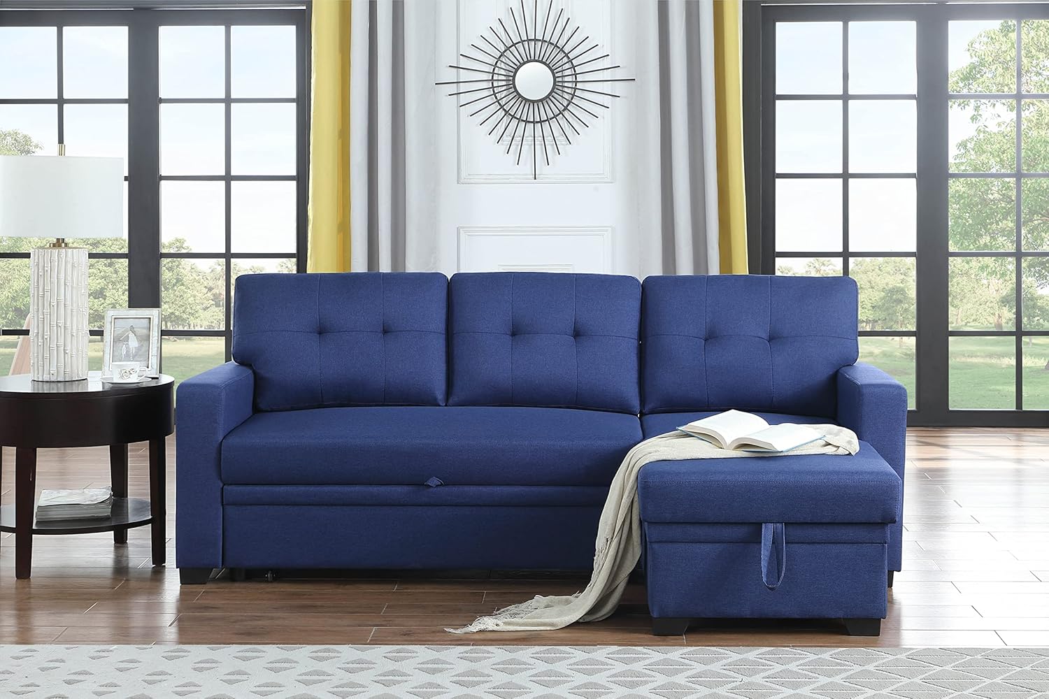 Devion Furniture L-Shape Linen Sleeper Sectional Sofa for Living Room, Home Furniture, Apartment, Dorm Sofabed, Blue