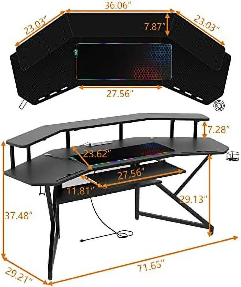 HJZBNONE 72" Gaming Desk with Power Outlet &amp; Led Strip  Large Wing-Shaped Computer Desk w Monitor Stand &amp; Keyboard Tray &amp; RGB Mouse Pad  Studio Desk w   Headphone Hook Cup