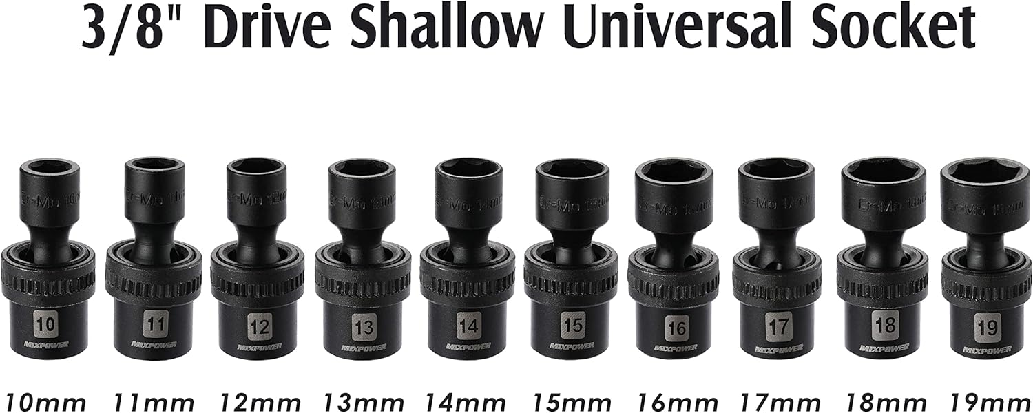MIXPOWER 10-piece 3/8" Drive Shallow Universal Impact Socket Set, Metric,10-19mm, Swivel Socket with Flexible Wobble, CR-MO