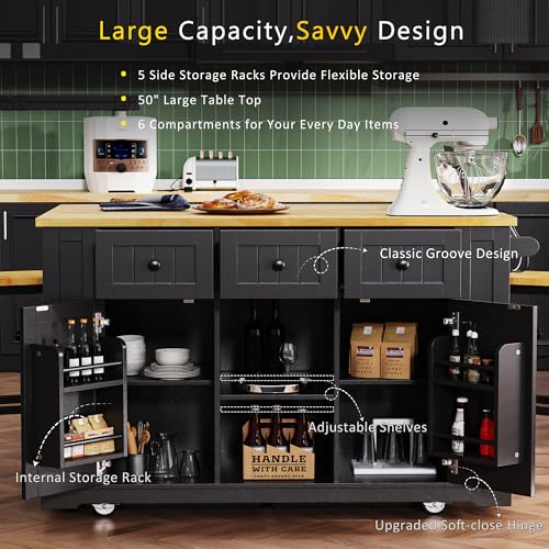 53" Rolling Large Kitchen Island Set with Power Outlet,Mobile Carts with Storage Cabinet,Extra Drop Leaf,3 Drawers and 5 Open Side Racks,Wood Table for Dining Room (Island & Stools)