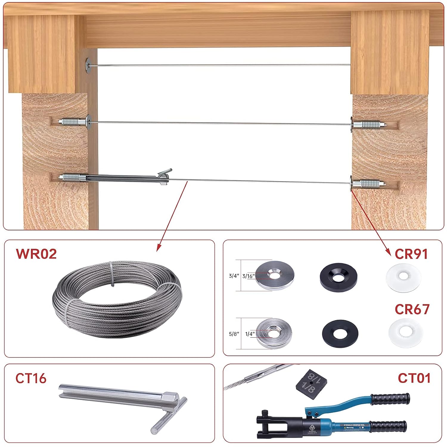 Muzata 40Pack 3/16" Invisible Cable Railing Kit Swage Lag Screw Tensioner CableGenie System Completely Hidden for Wire Rope Wood Posts T316 Stainless Steel 20 Cable Line CR99, CV1 CG1