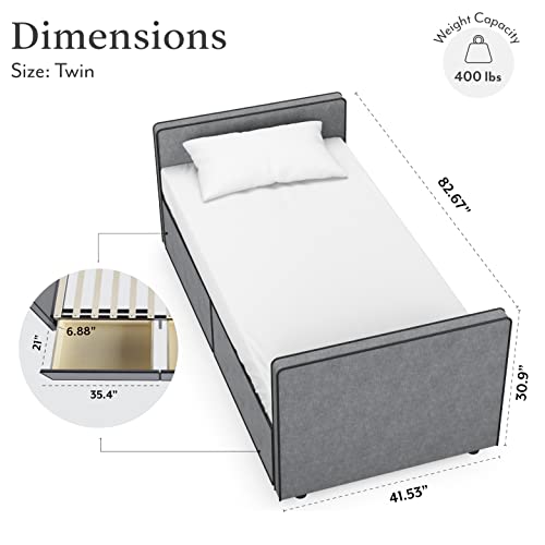 DG Casa Caden Twin Size Platform Bed Frame with 2 Storage Drawers Underneath - Upholstered in Gray Fabric - Ideal as Sofa Bed or Twin Daybed, Box Spring Not Required