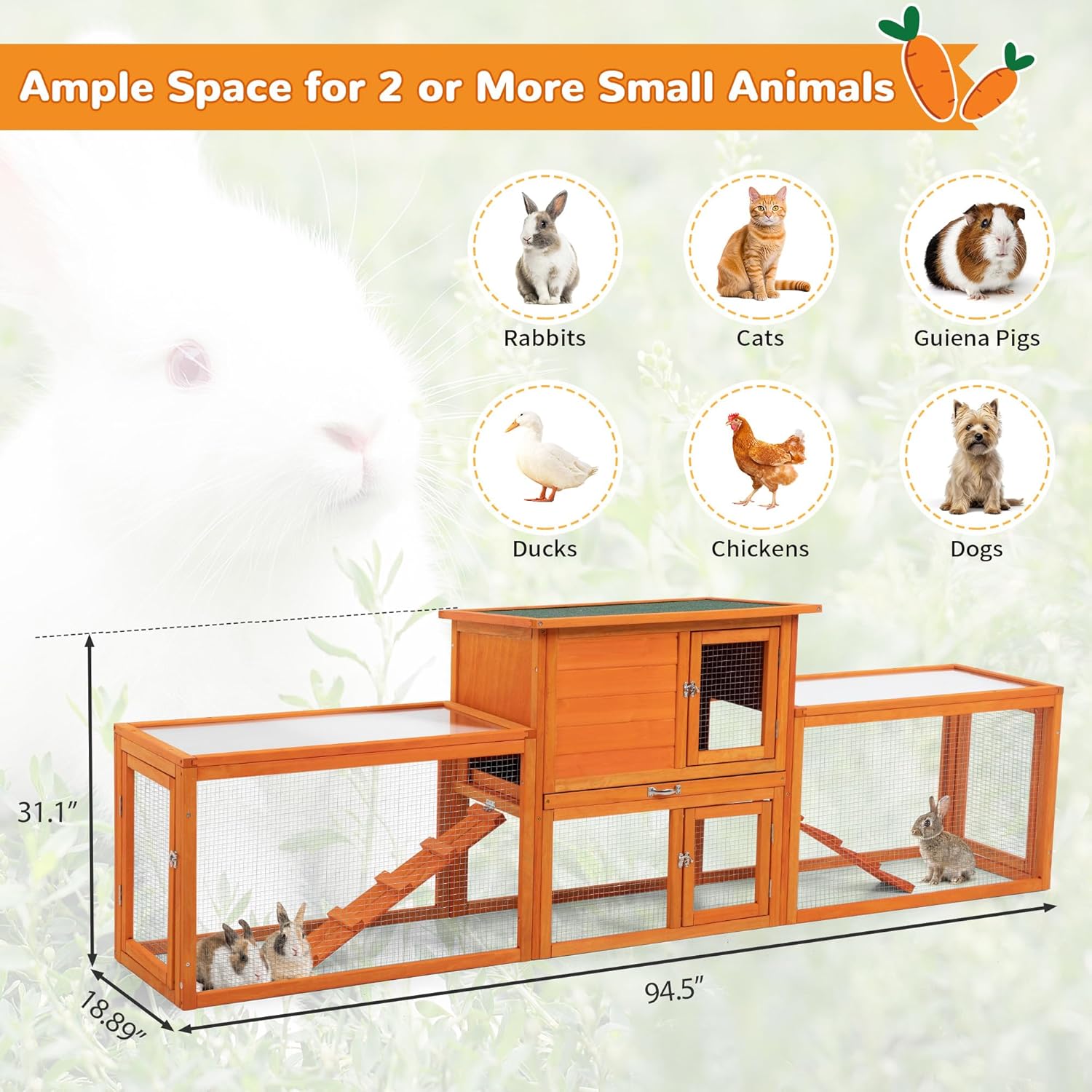 COZIWOW Extra Large Rabbit Hutch Bunny Cage Outdoor Indoor, 2-Story 94.5”L Big Wooden Bunny Hutch Rabbit Cage Small Animal House with No-Leak Tray, Openable Top, Runs, Waterproof Roofs (Orange)