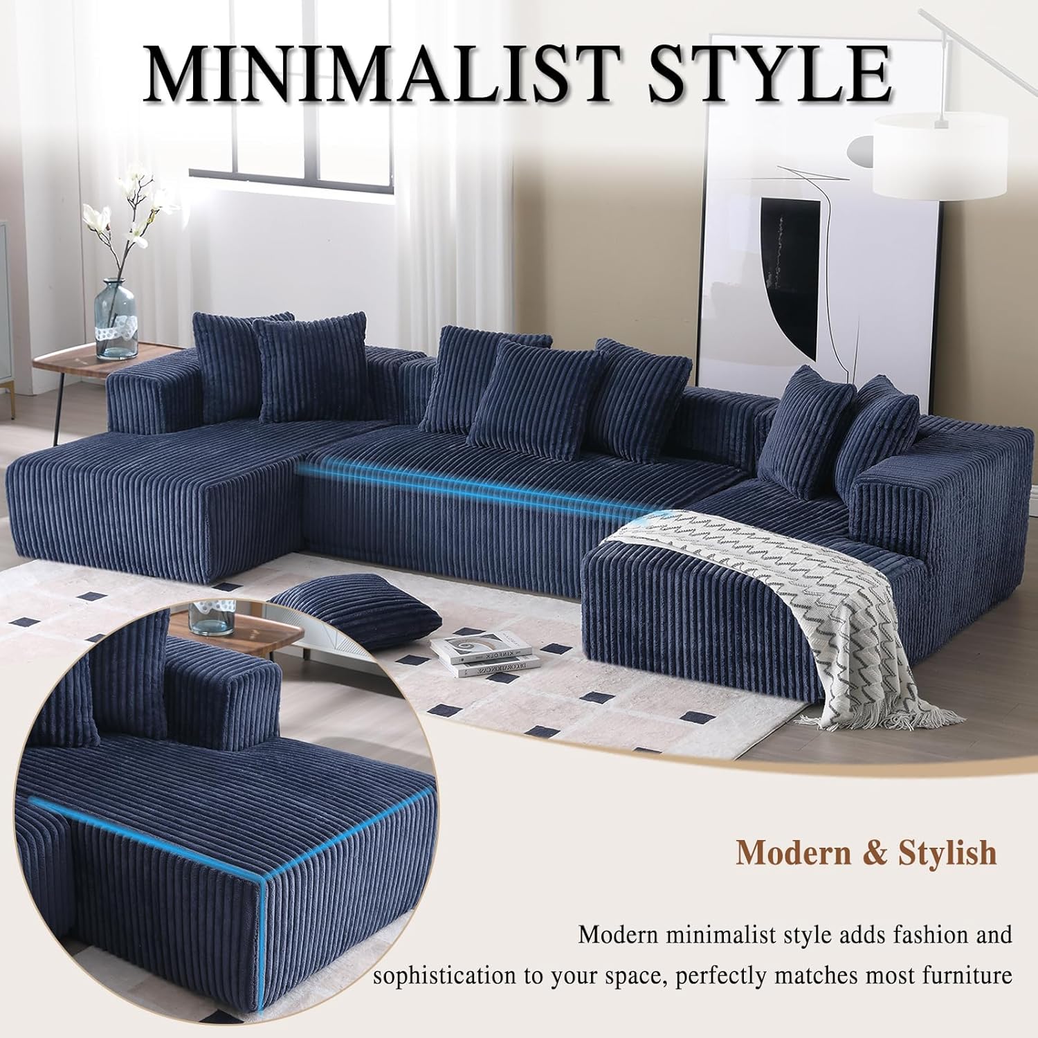 130'' Modular Sectional Sofa, Double Chaise Lounge, U Shape Sectiona Couches, Modern Minimalist Cloud Sofa, 8 Pillows, Corduroy Block 4 Seater Couch for Living Room, Apartment, Hotel, Blue