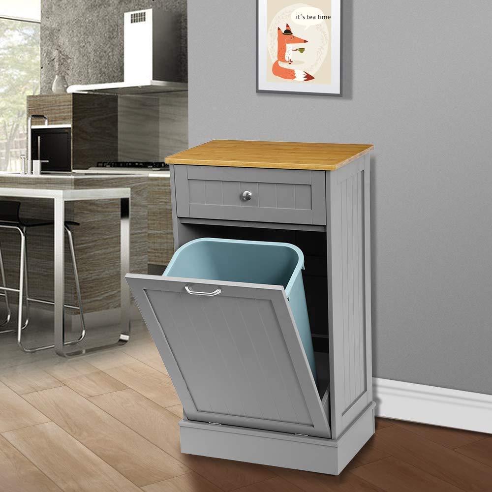 Anbuy Tilt Out Trash Cabinet Can Bin Kitchen Wooden Trash Can Free Standing Holder Recycling Cabinet with Hideaway Drawer Wooden Removable Bamboo Cutting Board Trash Holder (Black)