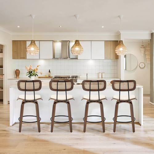 Rattan Bar Stools Set of 2,Counter Height Bar Stools,Swivel Bar Stools with Back,Counter Stools for Kitchen Island,Leather Bar Chairs with Wood Legs,Mid Century Modern Bar Stools,Beige