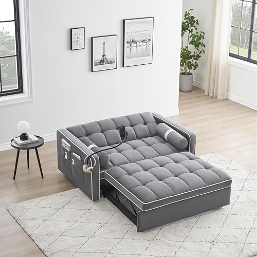 Sleeper Sofa Couch w/Pull Out Bed, 55" Modern Velvet Convertible Sleeper Sofa Bed, Small Love seat Sofa Bed w/Phone Holder & Pillows & Side Pockets for Small Space, Living Room, Apartment,Gray