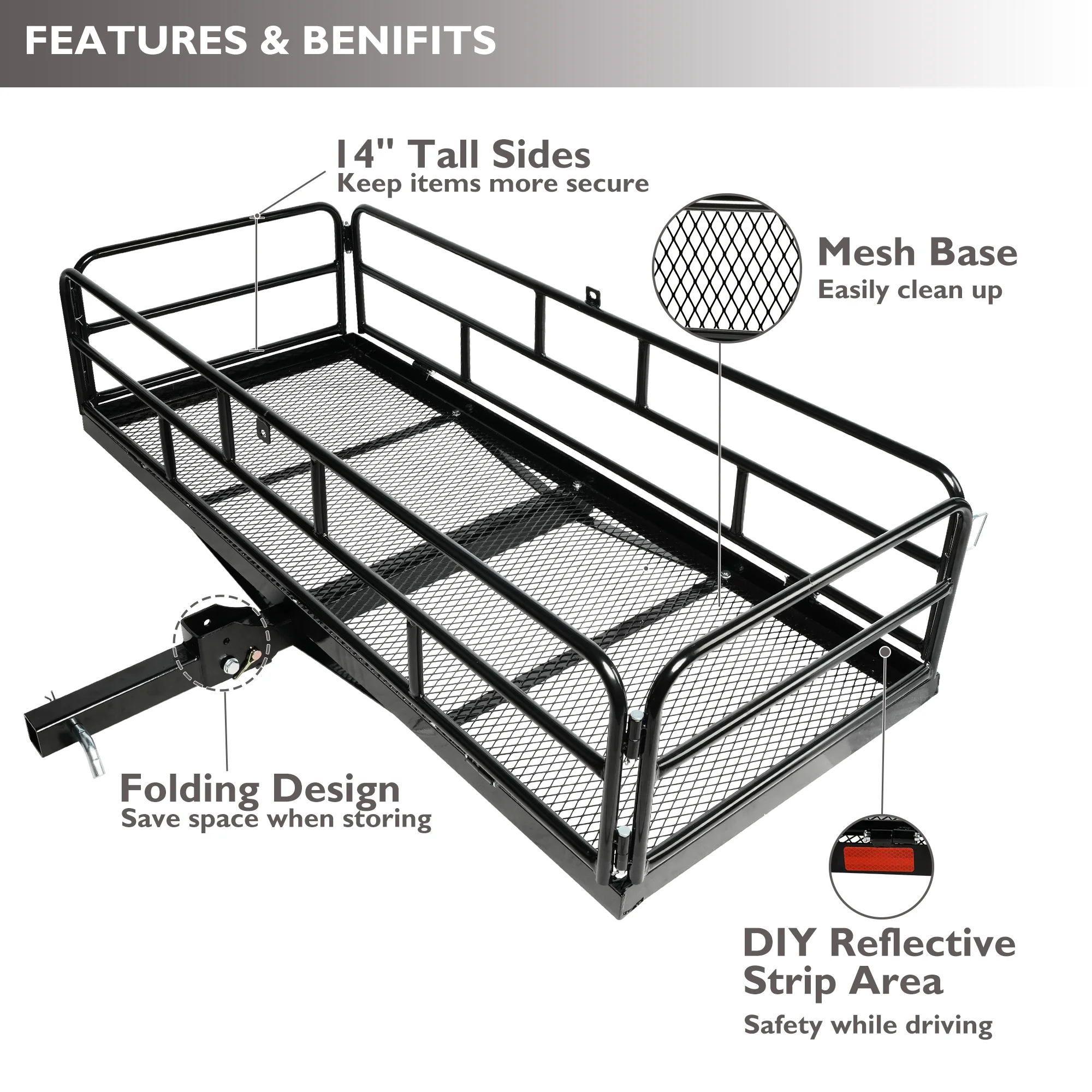 60" X 24" X 14" Folding Hitch Mount Cargo Carrier, 500lb Heavy Duty Capacity Rear Cargo Luggage Rack Basket, Foldable Hitch Mount Cargo Trailer Fits 2" Receiver for Car SUV Camping Traveling