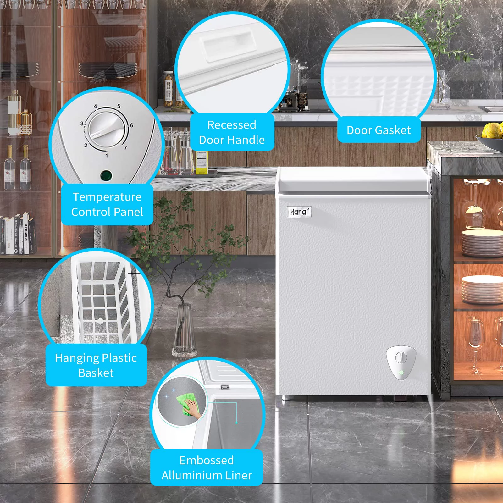 WANAI Chest Freezer, 3.5 Cubic Deep Freezer with Top Open Door and Removable Storage Basket, 7 Gears Temperature Control