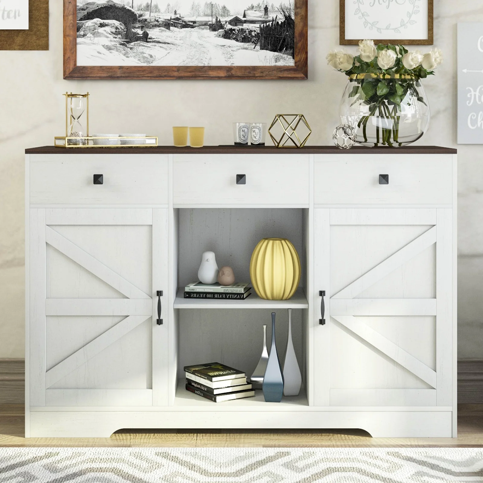 53" Modern Farmhouse Coffee Bar Cabinet with Power Outlet & 3 Drawers, Wood Kitchen Sideboard Buffet Cabinet with 2-Door Cabinet and Adjustable Shelves(White-53")