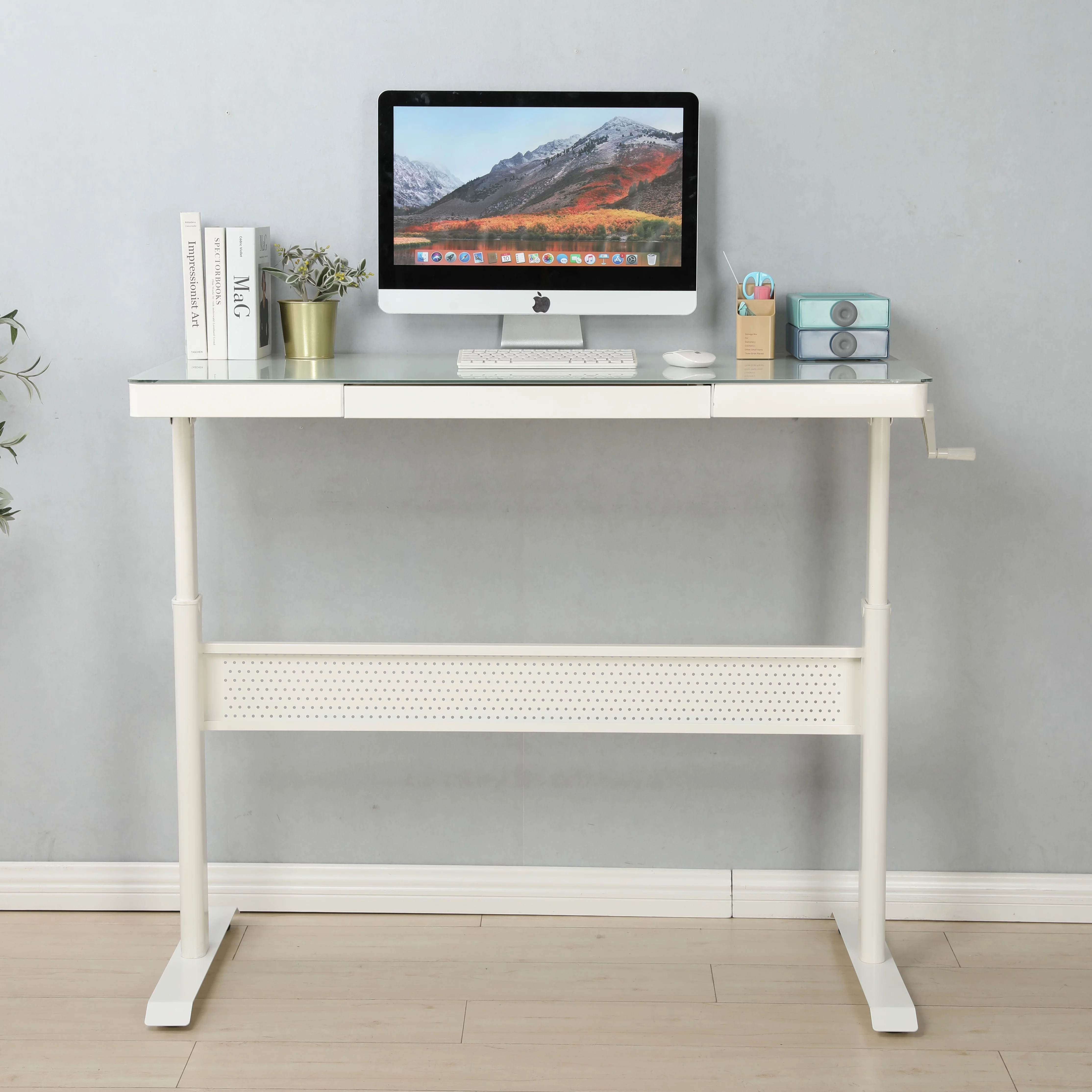 Tempered Glass Standing Desk with Metal Drawer 48 x 24 Inches , Adjustable Height Stand up Desk, Sit Stand Home Office Desk, Ergonomic Workstation