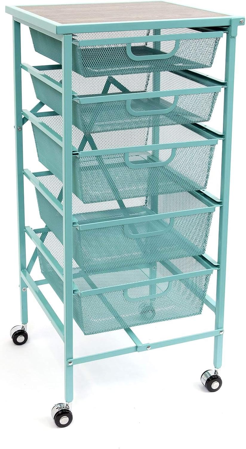 Origami Wheeled Folding Steel 5 Drawer Storage Kitchen Cart Wood Top, Turquoise