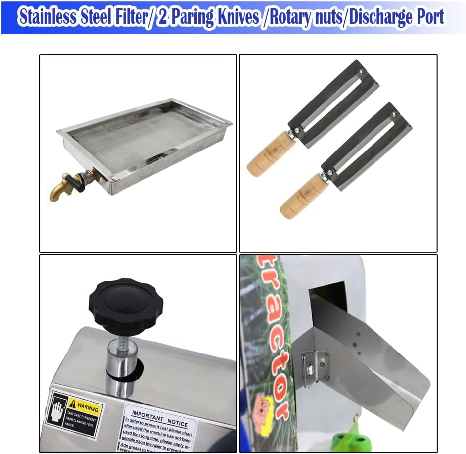 INTBUYING Manual Sugarcane Juicer Sugarcane Press Machine Sugarcane Juice Extractor W/3 Rollers for Sugar Cane Squeezer Juicer Machine 2 Paring Knives Stainless Steel Filter Faucet Handwheel