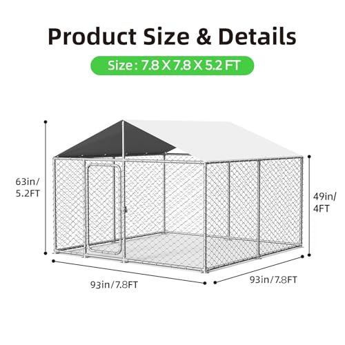 7.8x7.8 FT Extra Large Outdoor Dog Kennel Outside, Heavy Duty Dog Enclosure with Waterproof Cover and Security Lock, Galvanized Chain Link Dog Cage for Large Dogs