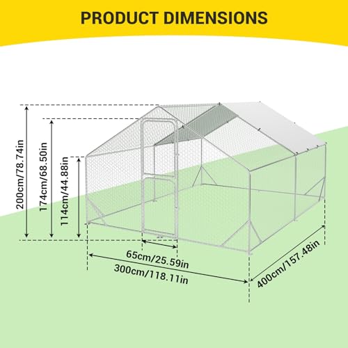Large Metal Chicken Coop, Walk-in Poultry Cage, Chicken Run Pen House with Reinforcement & Waterproof & Anti-Ultraviolet Cover Chicken Coop Run with Lockable Doors for Outdoor 9.8 x 13.1 x 6.6ft