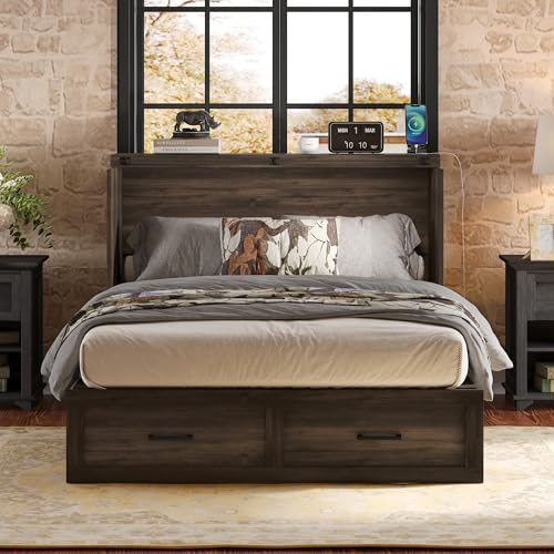 Wooden Murphy Cabinet Bed Frame with Charging Station, Full-Size Foldable Wall Bed with Large Storage Drawer for Home Apartment Limited Living Places, Space-Saving Hidden Bed No Box Spring Needed