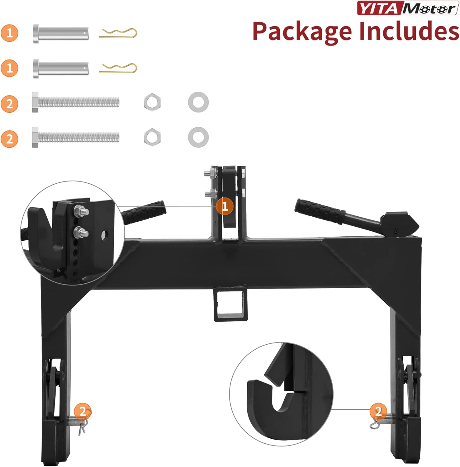 YITAMOTOR 3 Point Quick Hitch, 3000 lbs 3-Pt Attachments with 2" Receiver Hitch Adaptation to Category 1 & 2 Tractor with 5 Level Adjustable Bolt