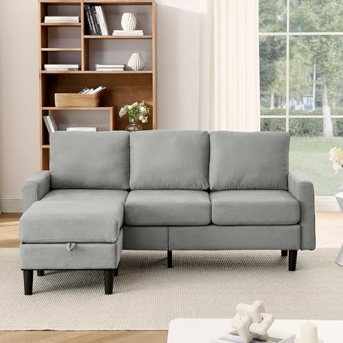 P PURLOVE Upholstered Sectional Sofa, 3 Seat Sofa with Storage Reversible Ottoman, Fabric L Shaped Couch for Living Room, Bedroom, Small Spaces, Apartment (Navy Blue)