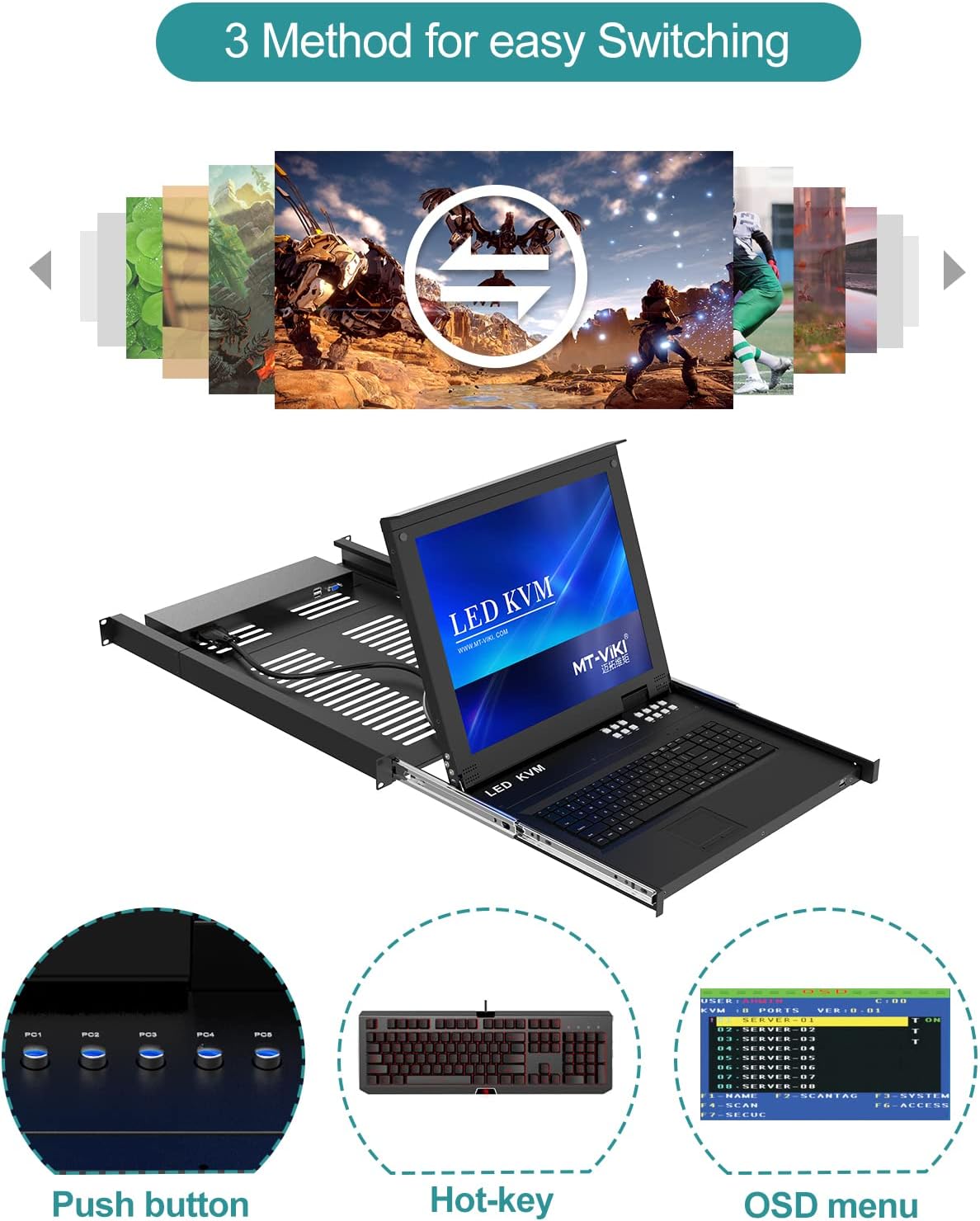 MT-Viki 8 Port KVM Switch 1U Rack Mount KVM w/17'' LCD Monitor & Cables, LCD KVM Console 1280x1024 Support OSD/Hotkey/Panel Button Switching