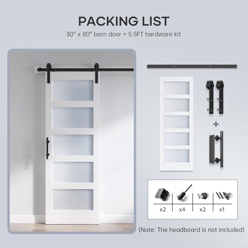 36x84 Inch Glass Sliding Barn Door Slab and 6.6ft Hardware Kit Included, 5 Frosted Glass, LVL Wood Panel Covered with White Water-Proof Scratch-Proof PVC Surface, Simple DIY Assembly