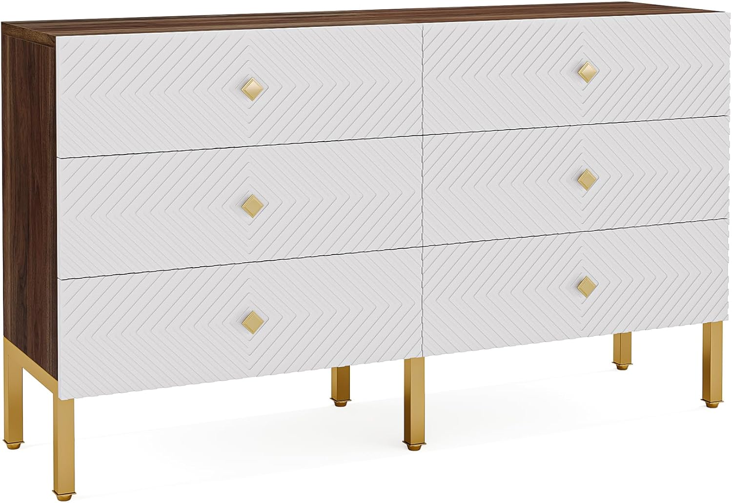 Tribesigns 6-Drawer Dresser for Bedroom, Large Double Wide Chest of Drawers, 55-Inch Wood Storage Dresser for Closet, Modern 6-Drawer Dresser Cabinet with Gold Legs and Handles, White & Brown