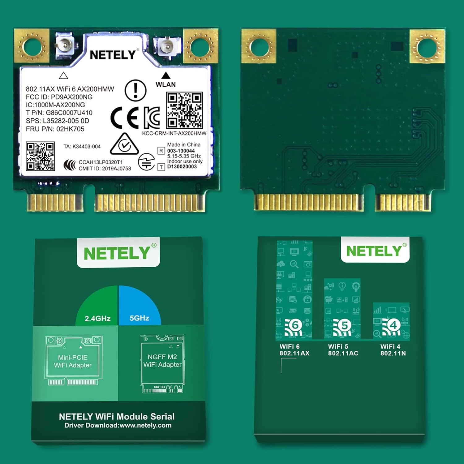 NETELY 802.11AX WiFi 6 AX200HMW Mini-PCIE Interface WiFi Bluetooth Adapter-WiFi 6 3000Mbps (2.4GHz 574Mbps & 5GHz 2400Mbps) Network Card with Bluetooth 5.2 (WiFi 6 AX200HMW) Pack of 2