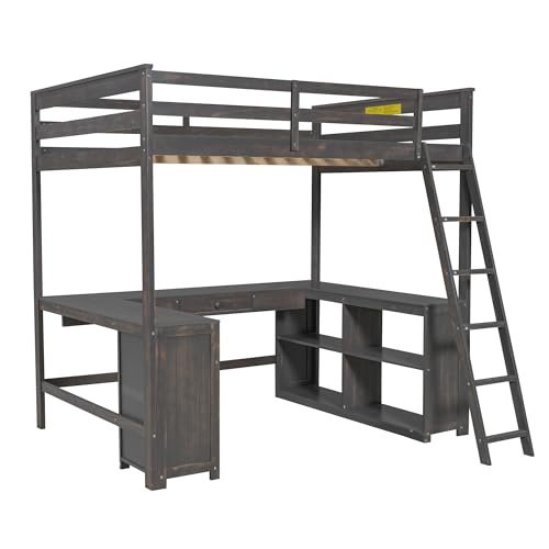 Harper & Bright Designs Full Size Loft Bed with Desk, Bookshelf, Solid Wood Loft Bed Frame with Storage Drawers and Bedside Tray, Charging Station (White)