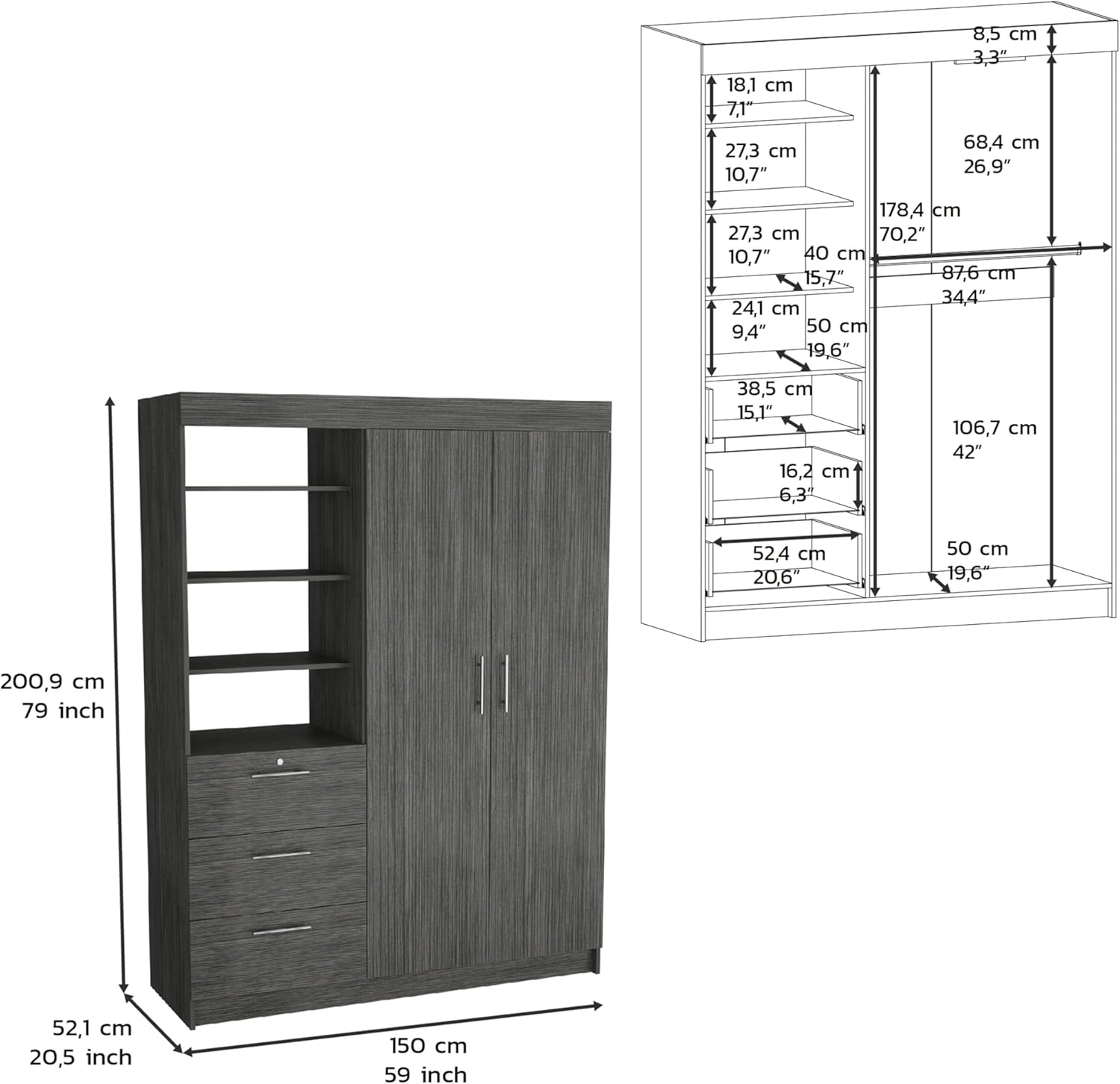 Armoire Wardrobe 2 Doors 3 Drawers, Clothes Cabinet with Shelves and Hanging Rod, Freestanding Wooden Closets Organization for Bedroom, 59″x20.5″x79″, Oak